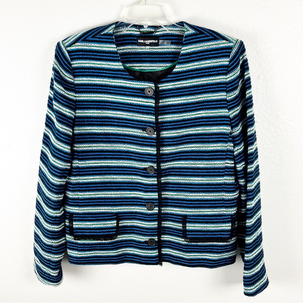 KARL LAGERFELD Paris Tweed Striped Fringed Trim Lined Button Blazer Size Medium